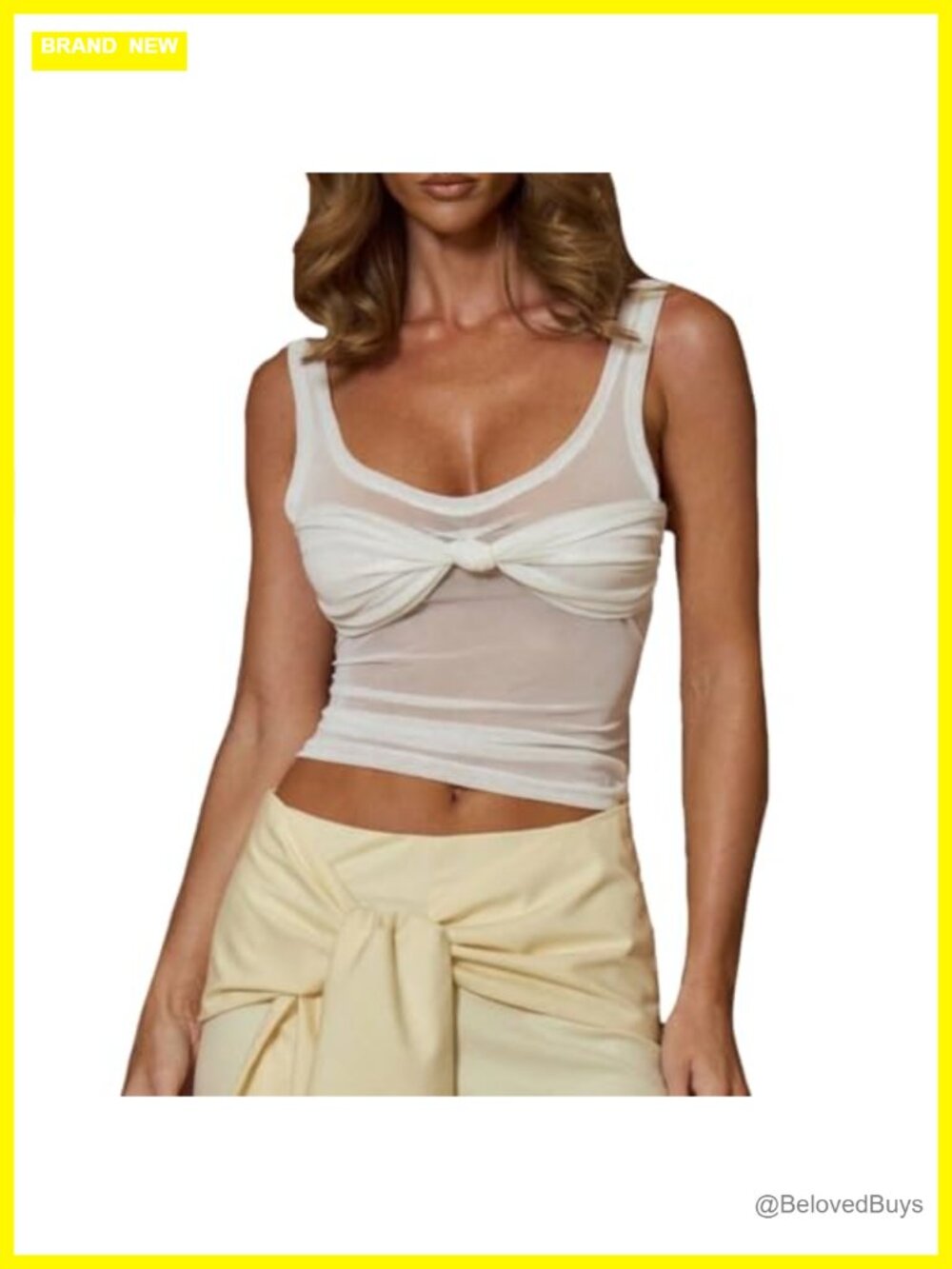 Scoop Neck Twist Knot Front Sheer Mesh Crop Tank Top Slim Fit Sleeveless